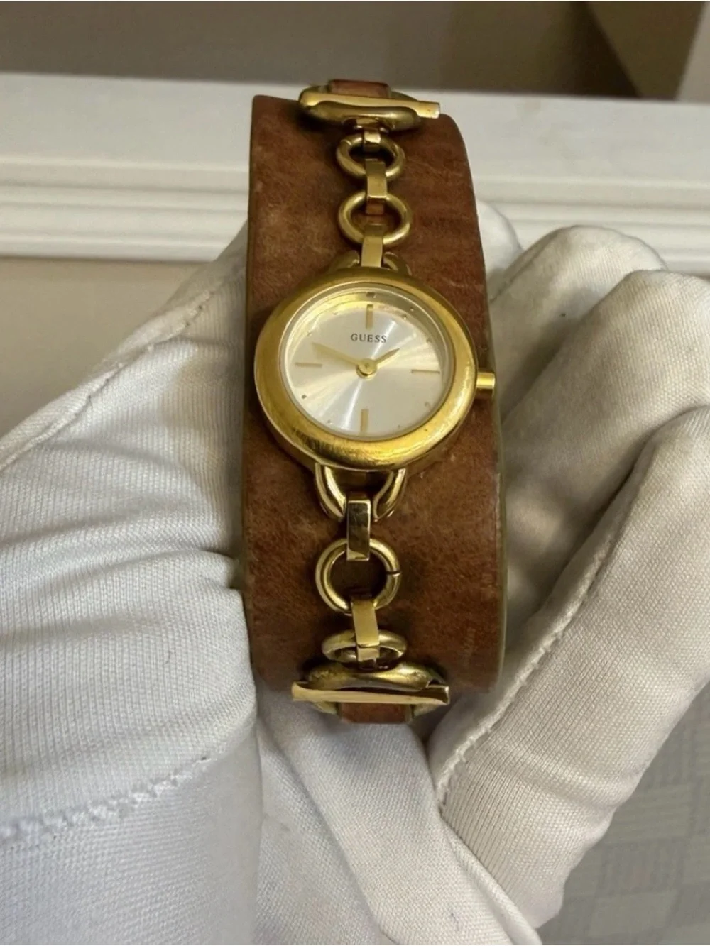 Vintage GUESS Women's Gold Tone Chain Link Leather Cuff Watch